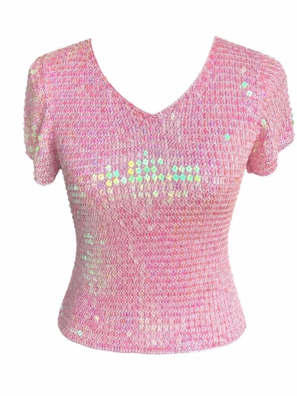 Light pink iridescent sequin crochet t-shirt in excellent condition